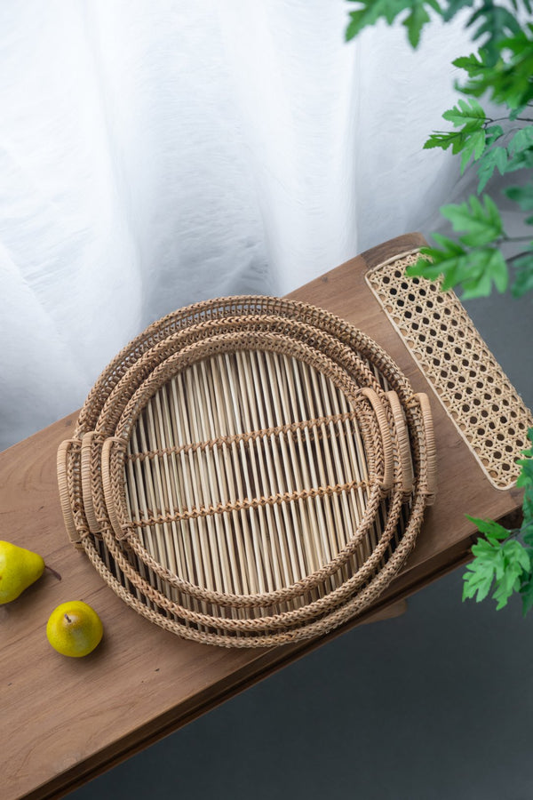 English Elm Set of 3 Sienna Bamboo Woven Trays with Handles — Round Brown Boho Coastal Accents for Tabletop Decor W2078P391141