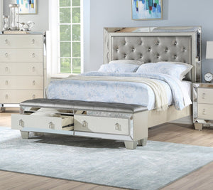 English Elm Glam Tufted Queen Bed with Mirrored Accents and Dual Underbed Storage Drawers for Luxe Bedrooms Grey,Silver 91 L x 10 W x 6 H B011S01993