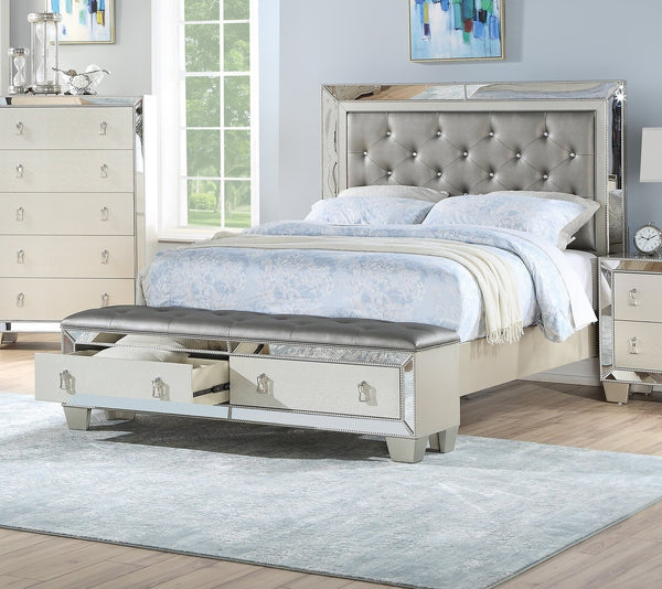 English Elm Glam Tufted Queen Bed with Mirrored Accents and Dual Underbed Storage Drawers for Luxe Bedrooms Grey,Silver 91 L x 10 W x 6 H B011S01993