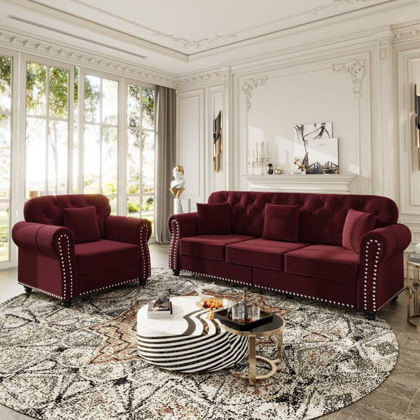 English Elm Upholstered Velvet Chesterfield Sofa with Button Tufting Brass Nailhead and Ottoman Burgundy W1885S00393