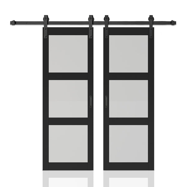 English Elm 30 in Matte Black Steel Sliding Barn Door Frosted Glass Privacy Panel with Hardware Black B2763P483210