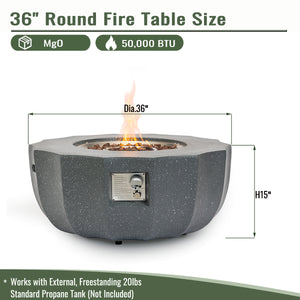 English Elm 36" Propane Fire Pit Table 50000 BTU Gray MgO Concrete Round with Lava Rocks, Pulse Ignition, Cover W853P277120