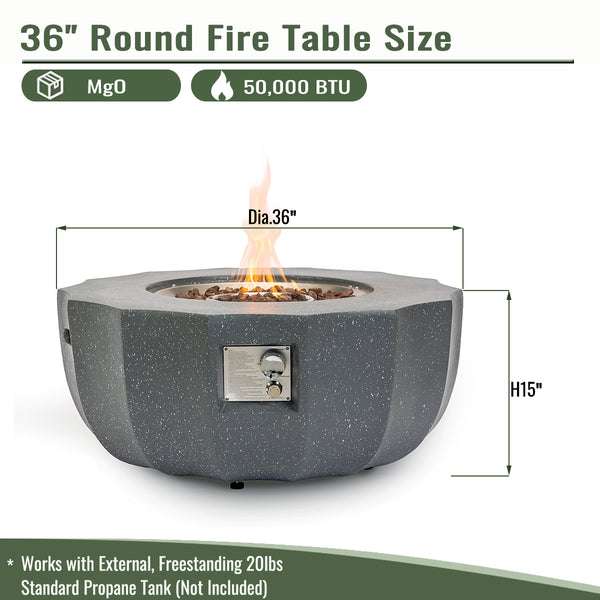 English Elm 36" Propane Fire Pit Table 50000 BTU Gray MgO Concrete Round with Lava Rocks, Pulse Ignition, Cover W853P277120