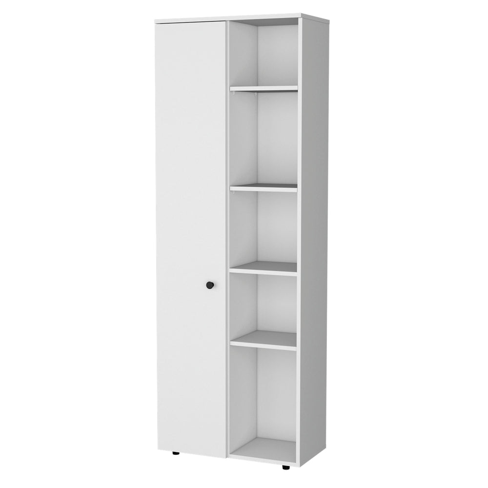 English Elm FM FURNITURE Harman Multistorage Pantry Cabinet White - 1 Door, 5 Open Shelves, Sturdy Short Legs, Modern Kitchen Organizer B128P321072