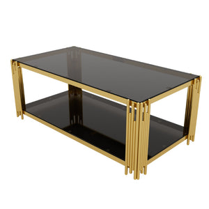 English Elm Modern Glam Rectangular Coffee Table with Mirrored Top Gold Sculptural Frame Open Shelf Black N735P380101B