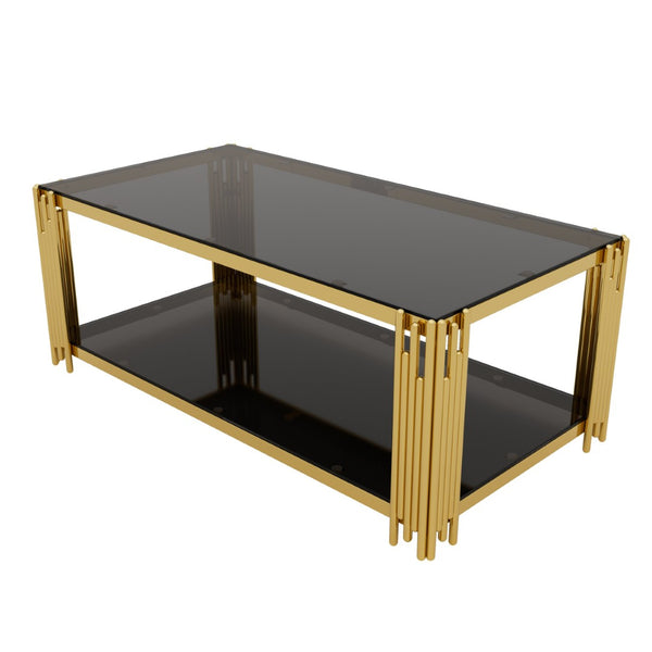 English Elm Modern Glam Rectangular Coffee Table with Mirrored Top Gold Sculptural Frame Open Shelf Black N735P380101B