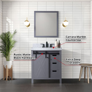 English Elm Dark Grey Bath Vanity Set With Carrara Marble Top, Matte Black Faucet & 28-Inch Mirror For Modern Spaces B2731S01273