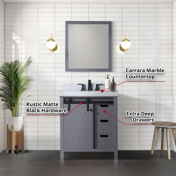 English Elm Dark Grey Bath Vanity Set With Carrara Marble Top, Matte Black Faucet & 28-Inch Mirror For Modern Spaces B2731S01273