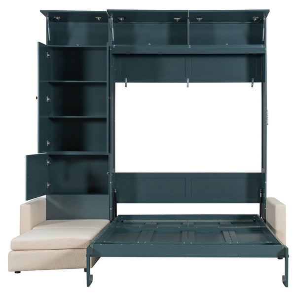 English Elm Queen Murphy Bed with L-shaped Velvet Sofa Storage Cabinets for Studio Living Green LP000765AAA-1