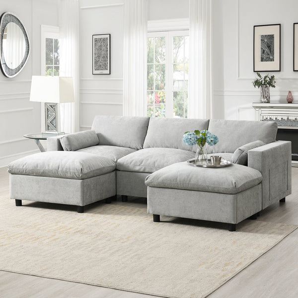 English Elm 86.5'' Chenille Modular Sectional Sofa with Storage Pockets, 5-Seat U-Shaped Cloud Sofa with Ottomans & Pillows Medium grey N723S8723C