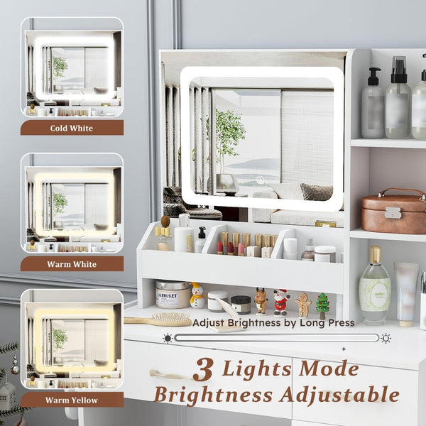 English Elm Vanity Desk with Led Mirror Touch Light Power Outlet Drawers and Storage Stool W2700P342538