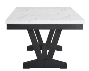 English Elm 7pc Faux Marble Rectangular Dining Set Wingback Tufted Chairs Nailhead Gray Upholstery B011S00990
