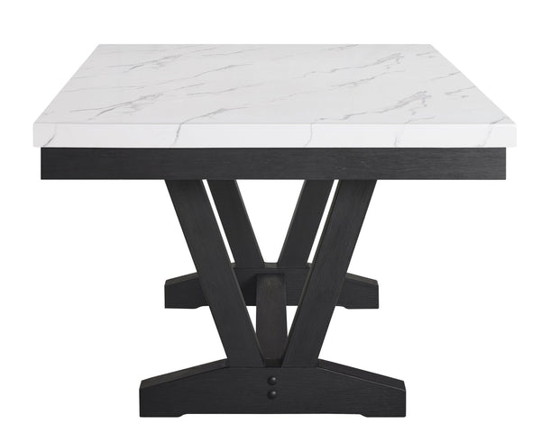 English Elm 7pc Faux Marble Rectangular Dining Set Wingback Tufted Chairs Nailhead Gray Upholstery B011S00990
