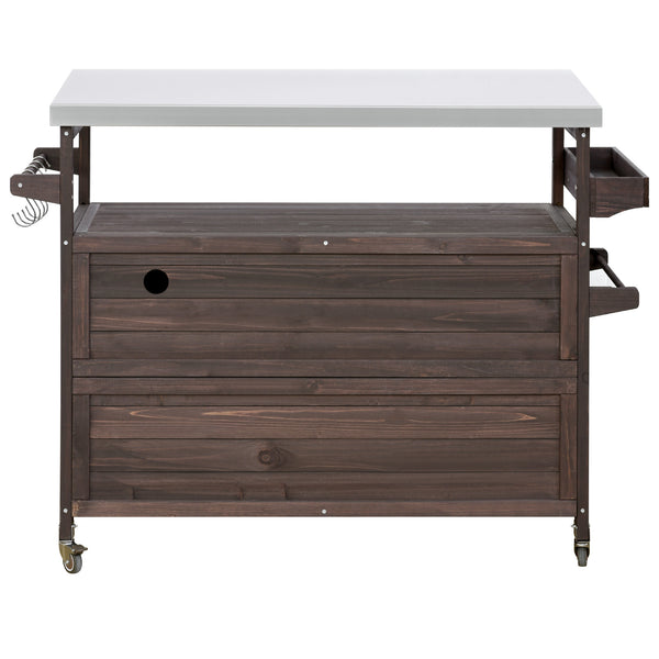 English Elm K&K Outdoor Kitchen Island Rolling Bar Cart with 1.2" Stainless Steel Top, Ample Storage, Wheels and Spice Rack Dark Brown WF532198AAZ