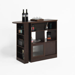English Elm Modern Bar Cabinet Walnut with Rotating Top, Counter-Height Storage, 6 Shelves & Ribbed Glass Doors W409P167484