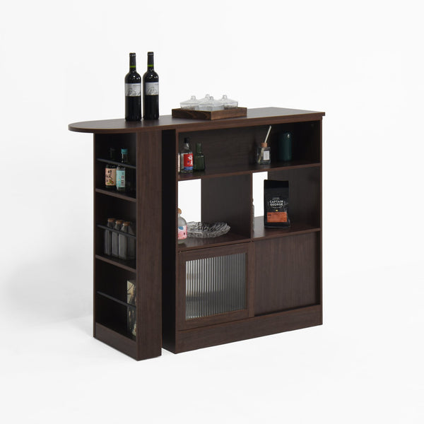 English Elm Modern Bar Cabinet Walnut with Rotating Top, Counter-Height Storage, 6 Shelves & Ribbed Glass Doors W409P167484