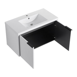 English Elm 36" Floating Bathroom Vanity with Resin Sink, Wavy Doors, Soft-Close Hinges & Durable Plywood Finish White W999P251811
