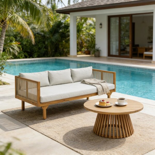 English Elm 2-piece Outdoor Acacia Patio Sofa Set with Rope Back and Round Coffee Table Light Brown,Light Gray,Teak N770P354675L_N770P234486F