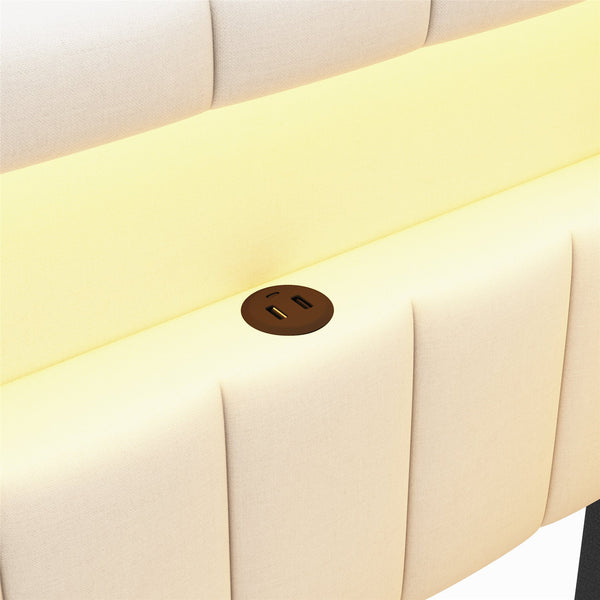 English Elm Upholstered Twin Platform Bed with USB Ports, LED Light Belt, Linen Backrest & 2 Storage Drawers White DL001926AAK