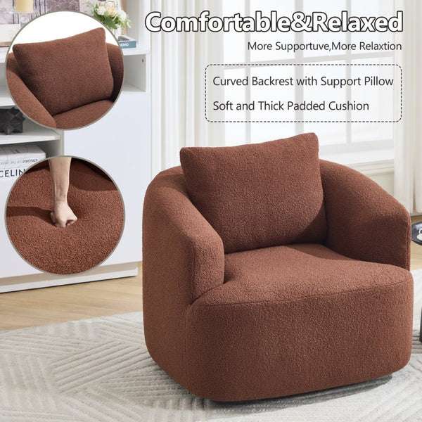 English Elm 360° Swivel Barrel Chair Teddy Fleece Upholstery with Pillow for Bedroom Reading Nook Brown W1803P362981