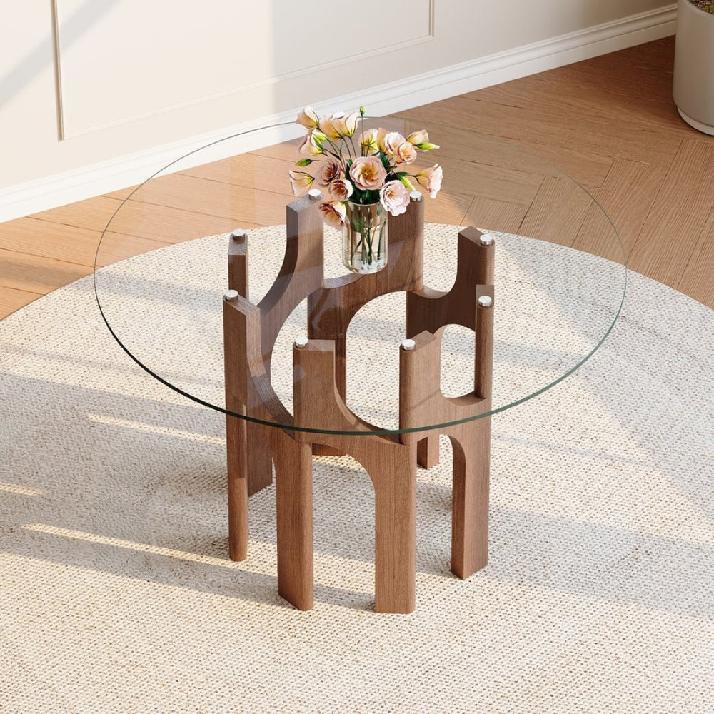English Elm Round Tempered Glass Dining Table Sculptural Geometric Mdf Base Seats Four Compact Walnut W3875P387156