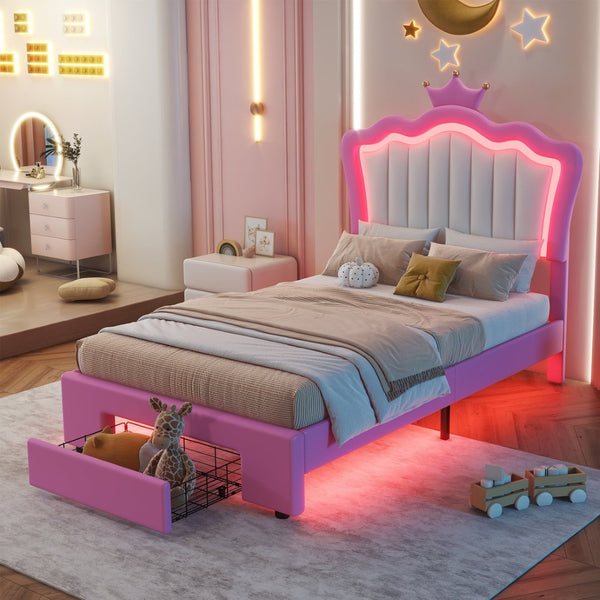 English Elm Twin Upholstered Bed Frame With Led Lights & Crown Headboard - Pink And White, Stylish Storage Solution W2770P190376-GIGA