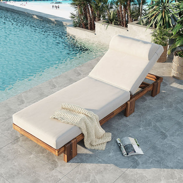 English Elm U_style Acacia Wood Outdoor Chaise Lounge with Retractable Tray and Padded Headrest Beige WY000473AAA