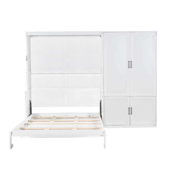 English Elm Queen Murphy Bed with Wardrobe Cabinet Hydraulic Lift Mdf Space Saving Wall Unit White LP000581AAK-1