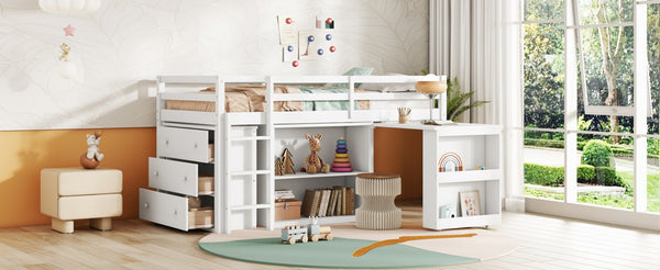 English Elm Twin Loft Bed With Storage Cabinets, Pull-Out Desk & Safety Guardrail - Modern Rubberwood Design W504S00202-GIGA