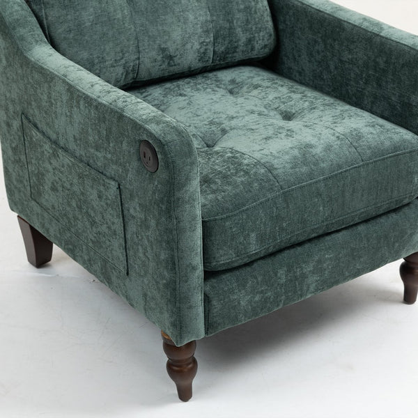 English Elm Accent Comfy chenille chair with USB charging, ergonomic wide back, high-rebound sponge, retro wooden legs Dark Green W2715P312490