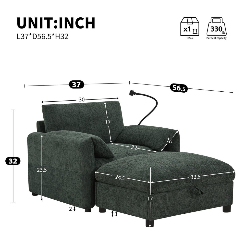 English Elm 37" Oversized Chenille Armchair with Ottoman Usb Charging Pocket Spring Living Room Green N723P387145F