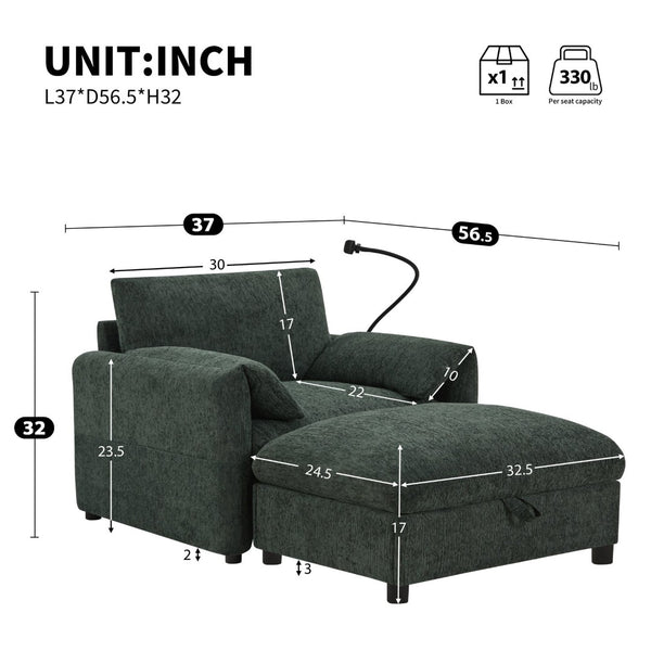 English Elm 37" Oversized Chenille Armchair with Ottoman Usb Charging Pocket Spring Living Room Green N723P387145F
