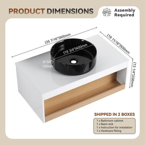 English Elm 36" Floating Bathroom Vanity Light Oak Modular Cabinet with Gel Coat Integrated Sink White + Light Oak,White+Black W3450S00065