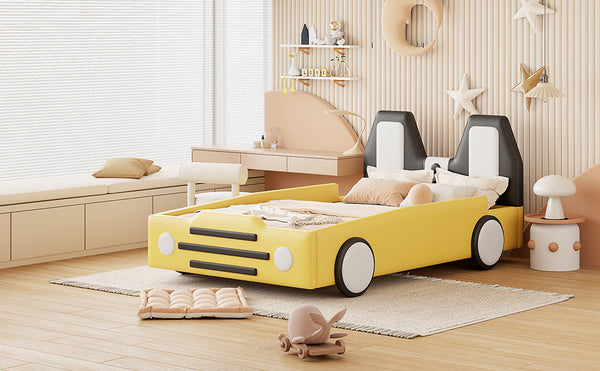 English Elm Twin Race Car Platform Bed with Wheels for Kids — Sturdy PU Leather Frame, Safety Rails, 250lb Capacity Yellow SF000128AAY