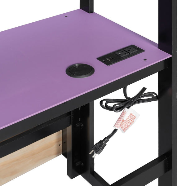 English Elm Twin Gaming Daybed with Led Strips Desk Pegboard Bookcase and Three Storage Drawers Purple+Black N820S00083I