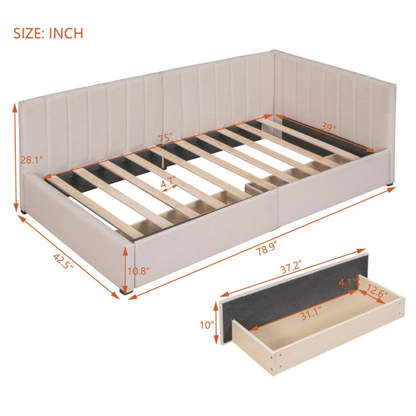 English Elm Upholstered Linen Twin Daybed with Storage Drawers Sofa Frame for Guest Rooms Beige N708P438851A