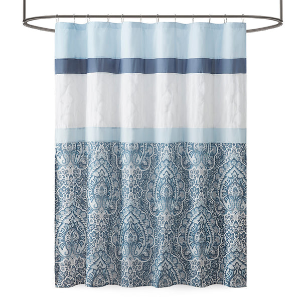 JLA Home 510 Design - Printed Elegant Embroidered Shower Curtain in Serene Blue Microfiber with Attached Lining, Machine Washable 5DS70-0251