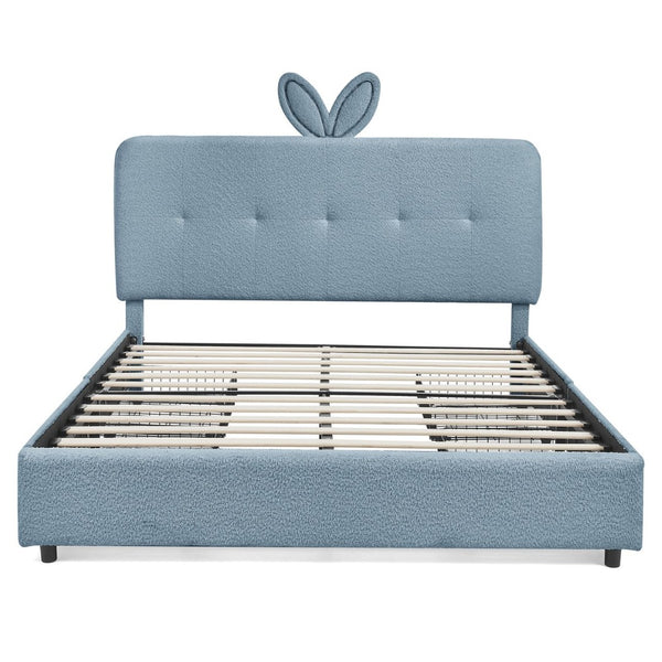 English Elm Full Size Kids Storage Bed Boucle Upholstered Rabbit Ear Headboard with Led Lighting Navy W1413P384925