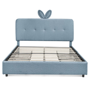 English Elm Queen Boucle Upholstered Kids Bed with Rabbit Ear Headboard Led Lighting Storage Drawers Navy W1413P384928