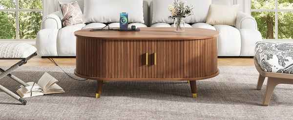 English Elm [Assembly Fluted Tambour Coffee Table with 360° Sliding Door, Built-In Charging Station & Mid-Century Flair Walnut N721P297572D
