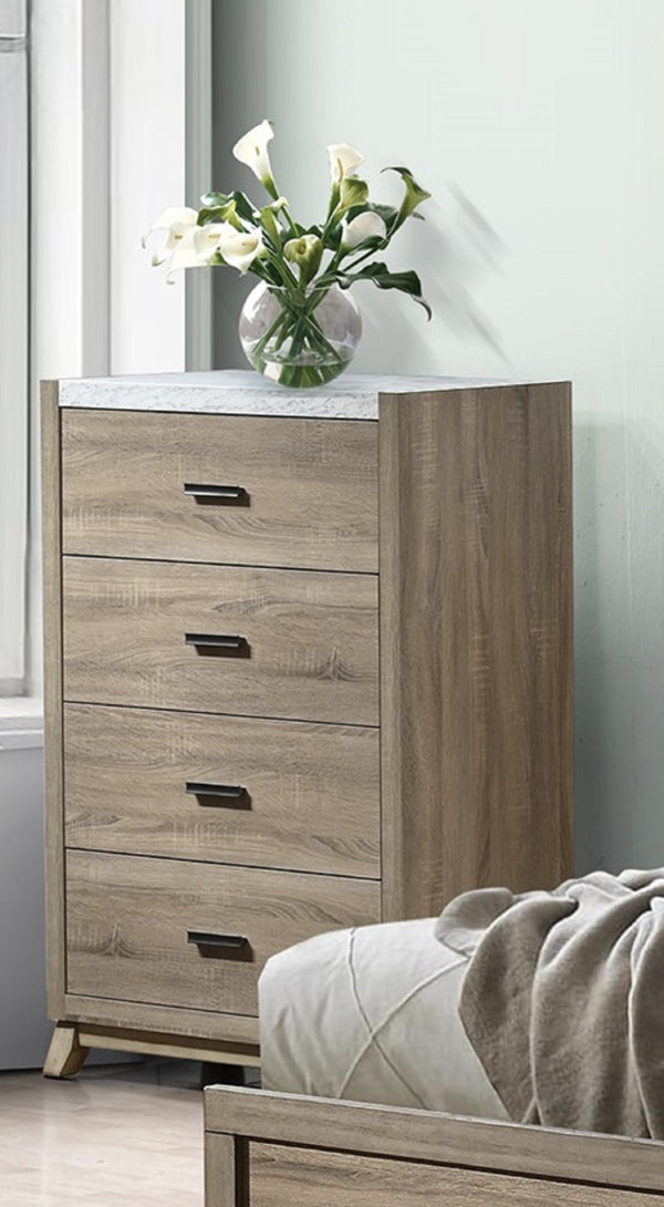 English Elm 1pc Modern Minimalist 4-Drawer Tall Chest with Two-Tone Finish, Sleek Bedroom Storage Cabinet Brown,White 36.81 L x 19.49 W x 50.08 H B2741P330637