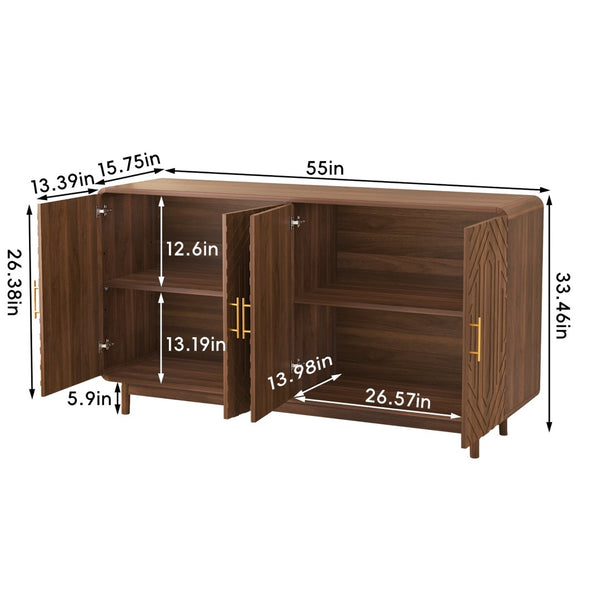 English Elm Sideboard Buffet with Four Doors Carved Edges Gold Handles Adjustable Shelves Dining Room W5389P463456
