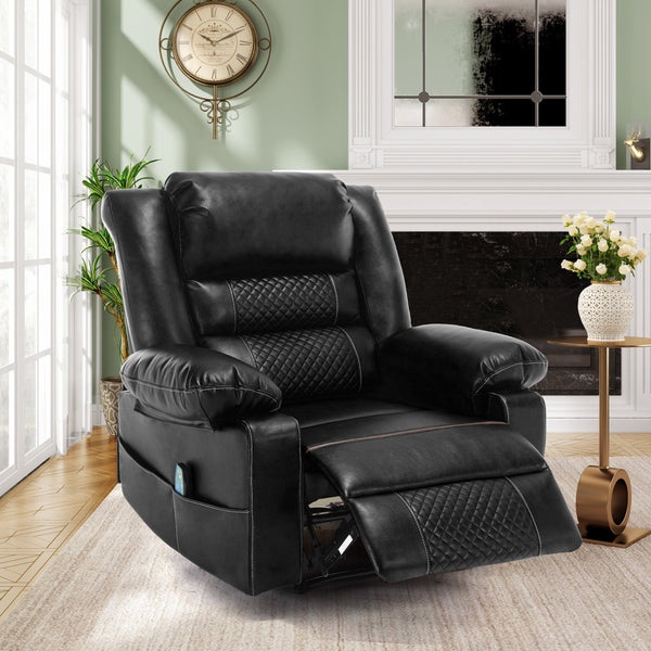 English Elm Breathable Leather Massage Recliner with 8-Point Massage, Heated Lumbar, 4-Zone Relief & Pockets Black W1403P156678