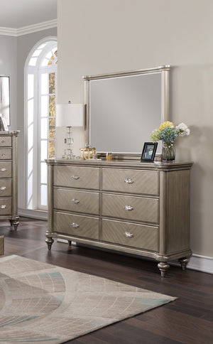 English Elm Luxury Modern Antique Silver Champagne Dresser with Mirror — 64" 6-Drawer Glam Storage for Bedroom Decor B011S01153