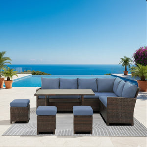 English Elm 7 Piece Outdoor Wicker Dining Set Modular Sectional Sofa Ottomans and Patio Table Blue+Brown B082S00076