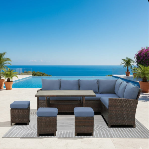 English Elm 7 Piece Outdoor Wicker Dining Set Modular Sectional Sofa Ottomans and Patio Table Blue+Brown B082S00076