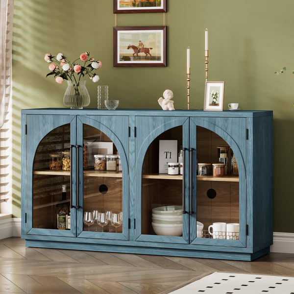 English Elm TREXM Arched Glass Door Sideboard Buffet Cabinet with Adjustable Shelves, Cable Management, 64" Navy XW000021AAM