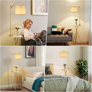 English Elm Floor Lamp with Built-in Side Table Usb Charging Remote Dimming for Living Room Golden W3355P440807