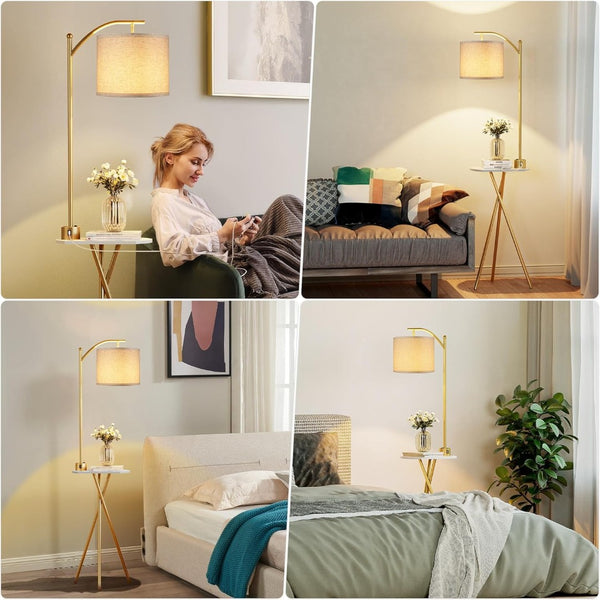 English Elm Floor Lamp with Built-in Side Table Usb Charging Remote Dimming for Living Room Golden W3355P440807