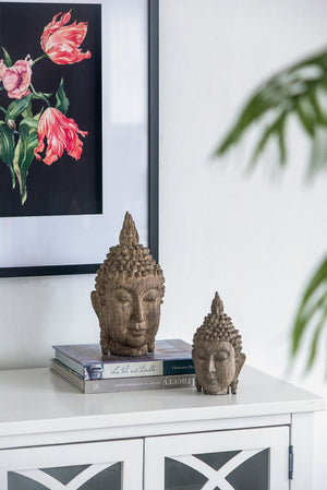 English Elm 6.5x6.3x12" Meditating Buddha Head Sculpture — Antique-Style Weathered Wood Finish, Serene Home Accent W2078P311845